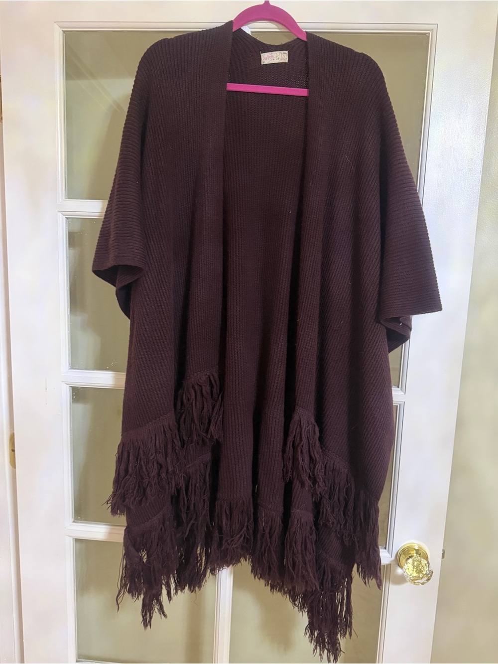 Free People Fringed Knit Poncho in Deep Plum